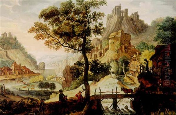 An Extensive Fantastic Landscape With Figures And Cows On A Path In The Foreground - view 1