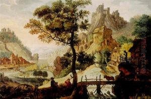 An Extensive Fantastic Landscape With Figures And Cows On A Path In The Foreground by Joos de Momper the Younger