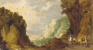 An Extensive Rocky Landscape With Travellers On A Track, A Valley Beyond by Joos de Momper the Younger