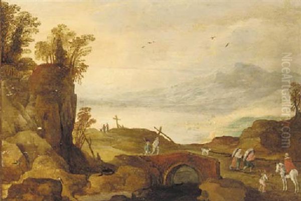An Alpine Landscape With Travellers On A Bridge, A River And Mountains Beyond - view 1