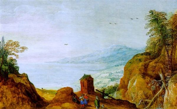 Weite Berglandschaft Mit Einer Kapelle Und Reisenden - view 1