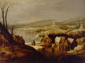 A Winter Landscape With Skaters Near A Village by Joos de Momper the Younger