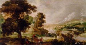 A River Landscape With A Horse And Cart And Other Figures Before A Town by Joos de Momper the Younger