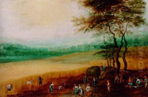 A Summer Landscape With Peasants Harvesting by Joos de Momper the Younger