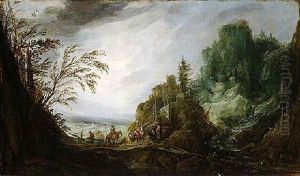 A Rocky Landscape With A Waterfall And Figures Meeting On A Bridge by Joos de Momper the Younger