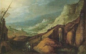 A Rocky River Landscape With Travellers Crossing A Bridge Near A Chapel