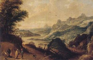 An Extensive Panoramic River Landscape With Gypsies And A Fortune-teller Reading A Man's Palm On A Track