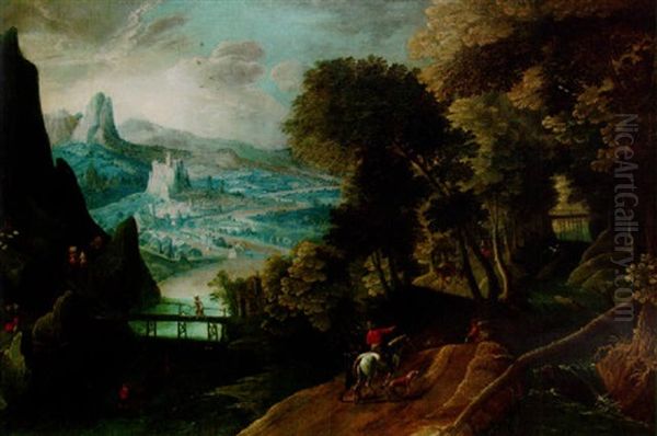 An Extensive River Landscape With Travellers On A Track And A Town In The Distance - view 1