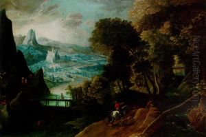 An Extensive River Landscape With Travellers On A Track And A Town In The Distance