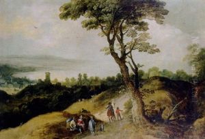Travellers And Peasants On A Road Above A Valley by Joos de Momper the Younger