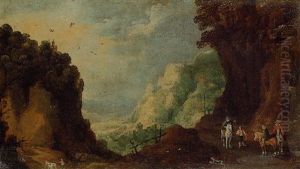 An Extensive Mountain Landscape With Travellers On A Pass, A Valley Beyond