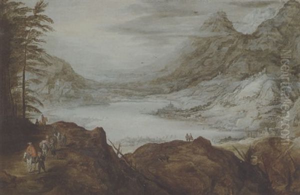 Grosse Berglandschaft Mit Blick Auf Einen See Mit Ziehenden Fussgangern Und Reitern Auf Einer Strasse - view 1
