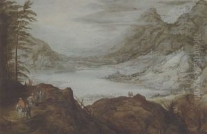 Grosse Berglandschaft Mit Blick Auf Einen See Mit Ziehenden Fussgangern Und Reitern Auf Einer Strasse by Joos de Momper the Younger