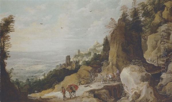 Muleteers On A Bridge Over A Torrent In The Mountains, A Valley In The Distance - view 1