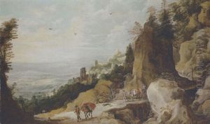 Muleteers On A Bridge Over A Torrent In The Mountains, A Valley In The Distance