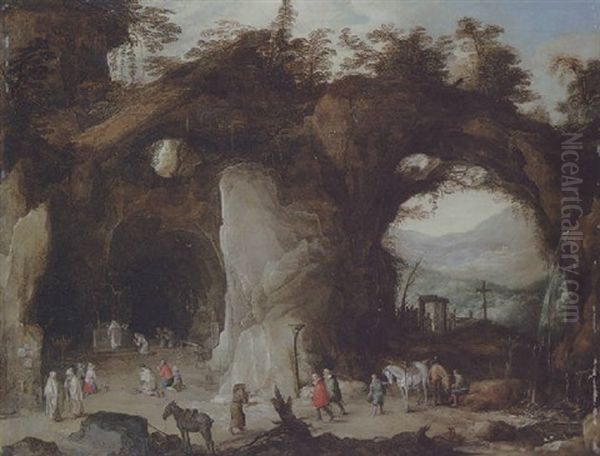 Travellers At A Shrine In A Grotto By A Natural Arch - view 1