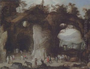 Travellers At A Shrine In A Grotto By A Natural Arch by Joos de Momper the Younger