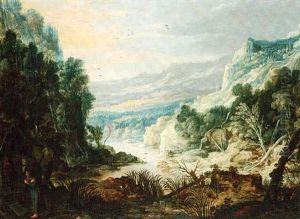 An Extensive River Landscape With A Hermit By A Shrine In The Foreground