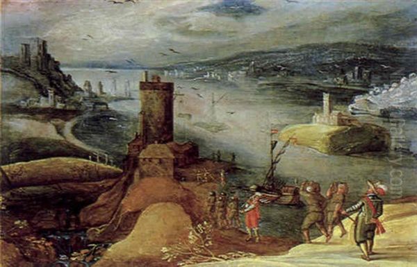 Gebirgige Fluslandschaft Mit Einem Turm Und Figuren - view 1
