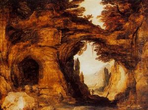 A Rocky Landscape With Hermits Praying Near The Entrance Of A Grotto