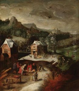 Winterlandschaft Mit Bauern Beim Schweineschlachten