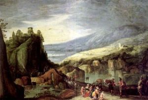 Fluslandschaft Mit Einer Burg, Windmuhlen Und Vielen Figuren