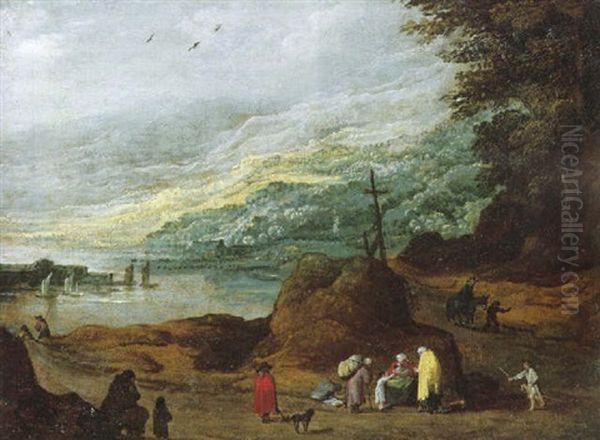 A Rocky Landscape With A Family Resting Beside A Path With Other Travellers, A Lake And Mountains Beyond - view 1
