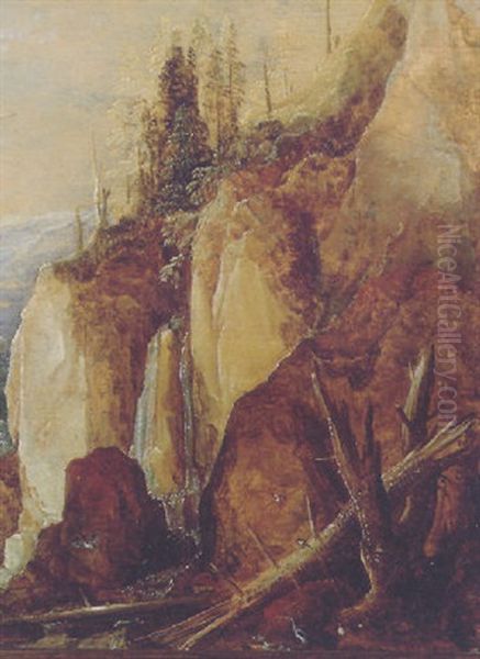A Fallen Tree By A Waterfall In A Mountainous Landscape, A Valley Beyond - view 1