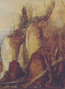 A Fallen Tree By A Waterfall In A Mountainous Landscape, A Valley Beyond
