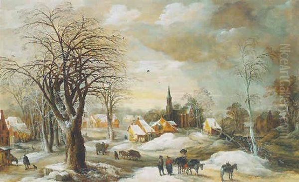 Village Landscape In Winter With Mulateers, Carts Laden With Wood And Two Riders Halted At An Inn - view 1
