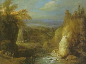 Gebirgslandschaft Mit Einer Burg Auf Der Felsenkuppe Rechts Sowie Einem Flus Und Wanderern Mit Maultieren Links Vorn
