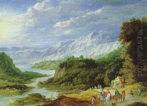 Paysage De Riviere Et De Montagne Avec Des Personnages Sur Un Chemin by Joos de Momper the Younger