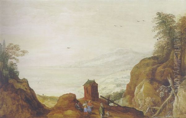 An Extensive Mountainous Landscape With Peasants On A Track In The Foreground - view 1