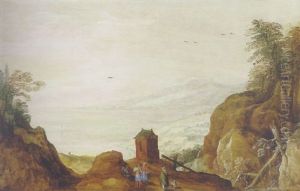 An Extensive Mountainous Landscape With Peasants On A Track In The Foreground