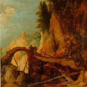 A Mountain Landscape With Travelers On A Path Appr`oaching A Bridge Over A Gorge