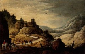 Landscape With Travellers Near A Hillside Town by Joos de Momper the Younger