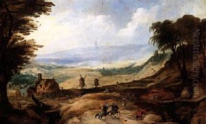 A Mountainous Landscape With Mounted Figures Skirmishing In The Foreground With A House And Windmills, Castle Ruins On A Hillside