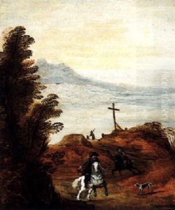 An Extensive Landscape With Riders And Horsemen by Joos de Momper the Younger