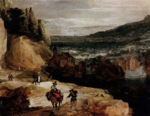 An Extensive Rocky River Landscape With Travellers On A Path, A Church And Water Beyond
