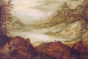 Travellers On A Mountain Path With A Lake And An Extensive Mountain Landscape Beyond