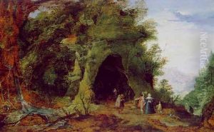 Gebirgslandschaft Mit Andacht In Einer Felsgrotte