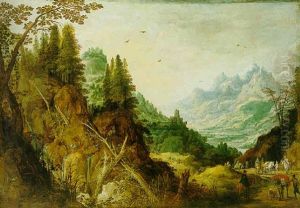 An Extensive Mountainous Landscape With Travellers And Pack Animals On A Road Near A Waterfall, A Castle Beyond by Joos de Momper the Younger