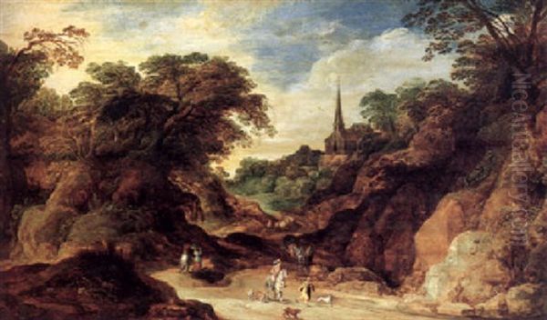 Travellers In A Rocky Landscape With A Church Beyond - view 1