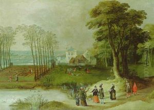 A Wooded Landscape With Elegant Company By A Pond, Peasants Dancing Before A Villa