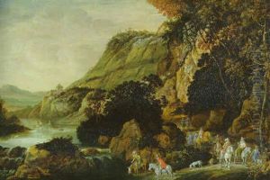 An Extensive Rocky River Landscape With An Elegant Party On Horseback On A Track An Extensive Rocky River Landscape With An Elegant Party On Horseback On A Track