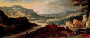Autumn; A Panoramic River Landscape With Travellers And Horse-drawn Carts By A Village by Joos de Momper the Younger