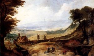An Extensive Mountainous Landscape With Mounted Figures Skirmishing In The Foreground, A House An Windmills, Castle Ruins On A Hillside Beyond