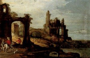 A Coastal Landscape With Travellers And Herdsmen Near A Set Of Ruins by Joos de Momper the Younger
