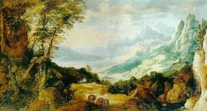 An Extensive Mountainous River Landscape With Travellers And Mules On A Track