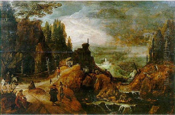 Paysage De Montagne Et Cascade Animee De Promeneurs Et De Pelerins - view 1